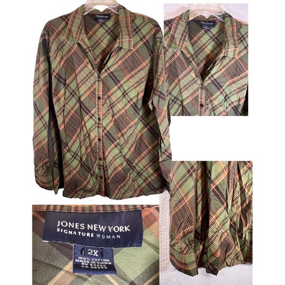 Jones New York Plus Size Button Up 100% Cotton Women's Shirt 2X‎ Green Plaid - Picture 1 of 7
